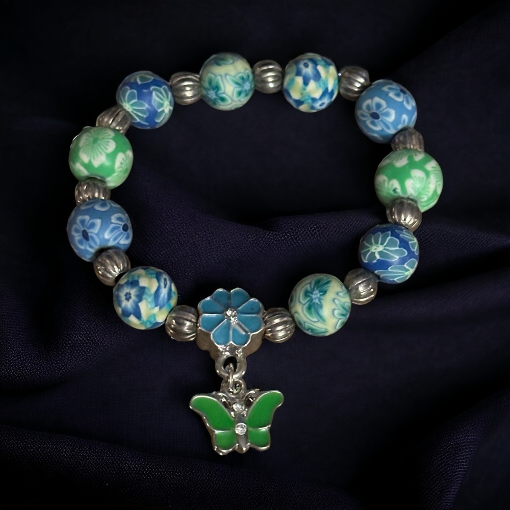 Multicolor clay bead butterfly charm bracelet